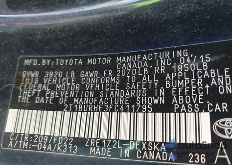 2015 Toyota Corolla S Plus из США, поврежденный, VIN 2T1BURHE3FC411795